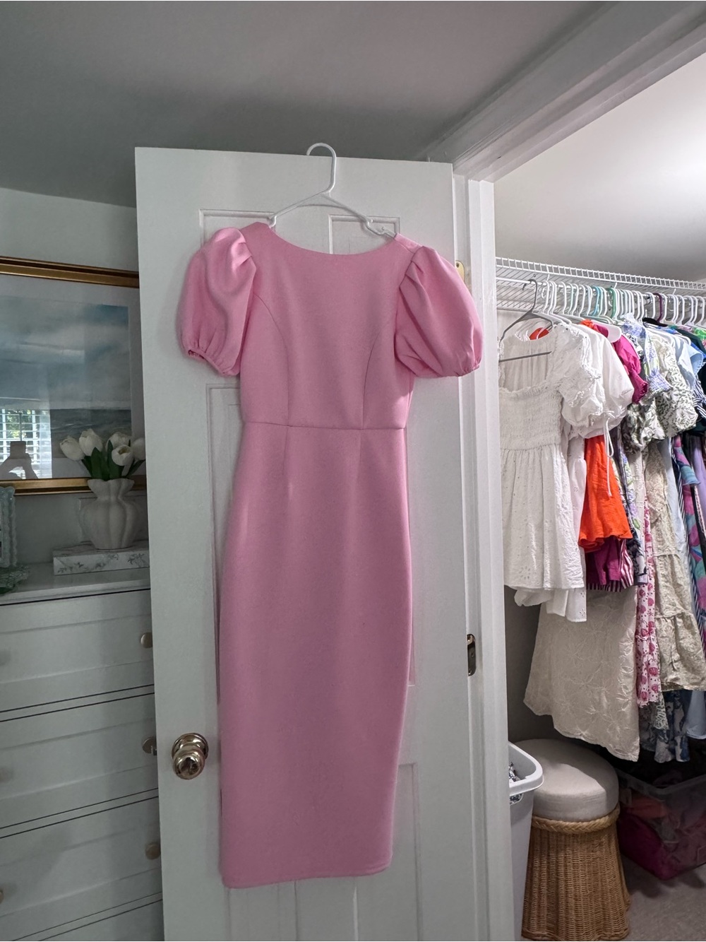 Lulu's Pink Puff Sleeve Midi Dress